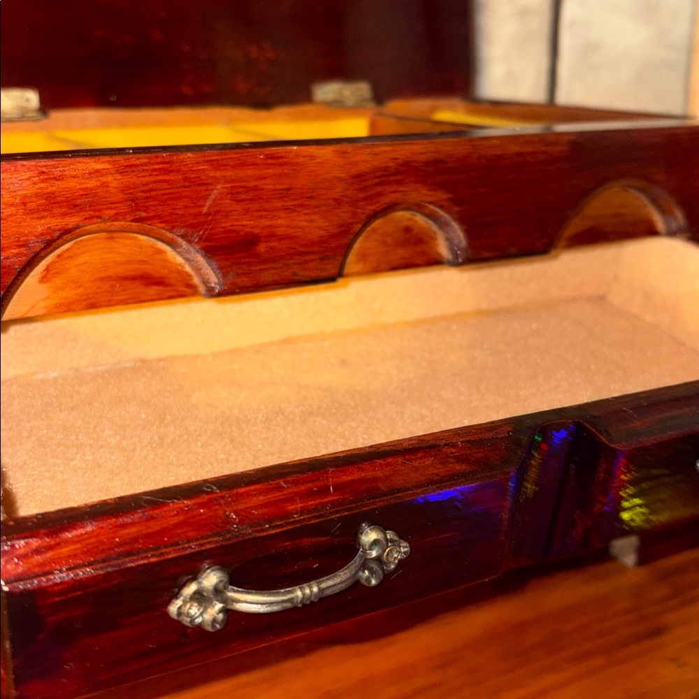 Handmade Vintage Wooden Jewelry Box Treasure Chest Stash Spot Lift Top/2 Drawer - Picture 4 of 17